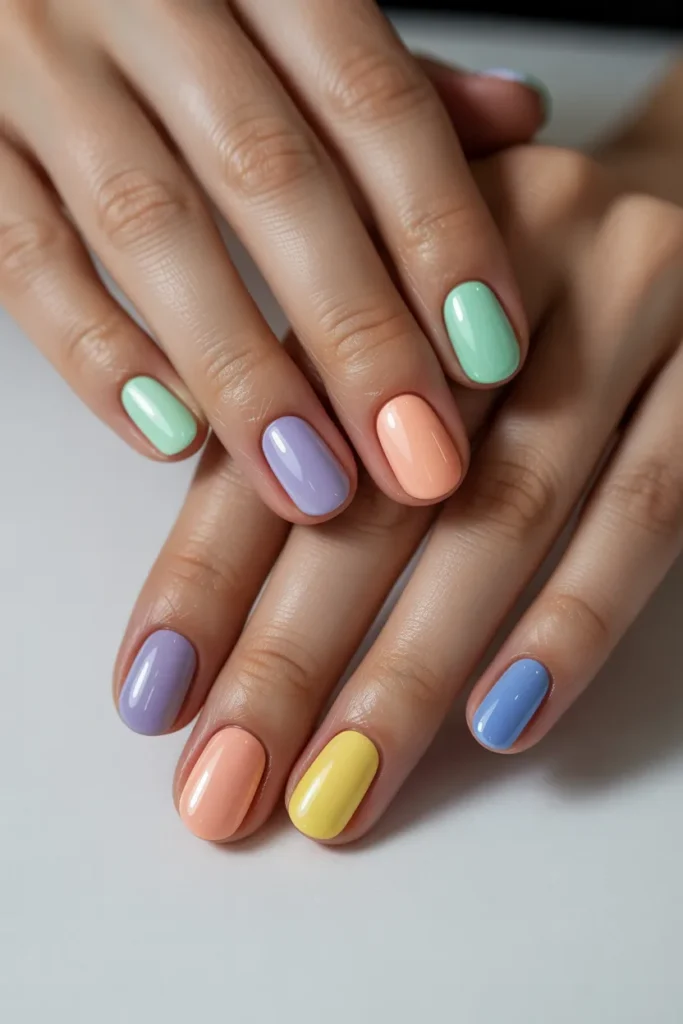 Each nail painted different pastel shade