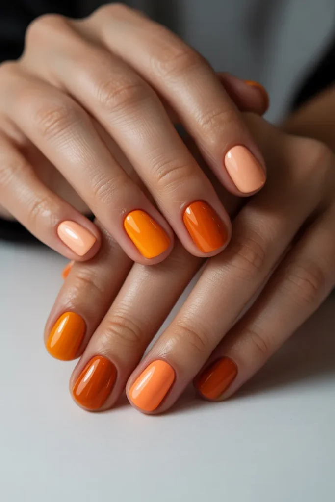 Each nail painted in a different shade of orange