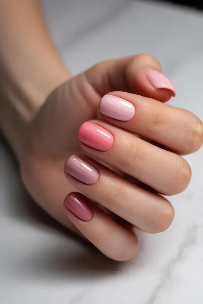 Each nail painted in a different shade of pink gradient