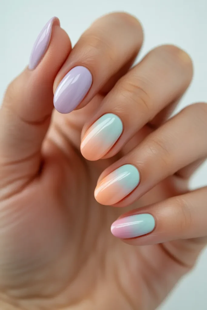 Each nail painted in gradient pastel shades