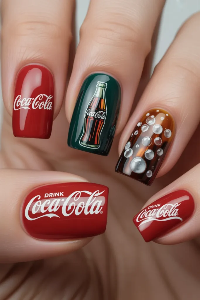 Each nail with a different Coke-inspired design
