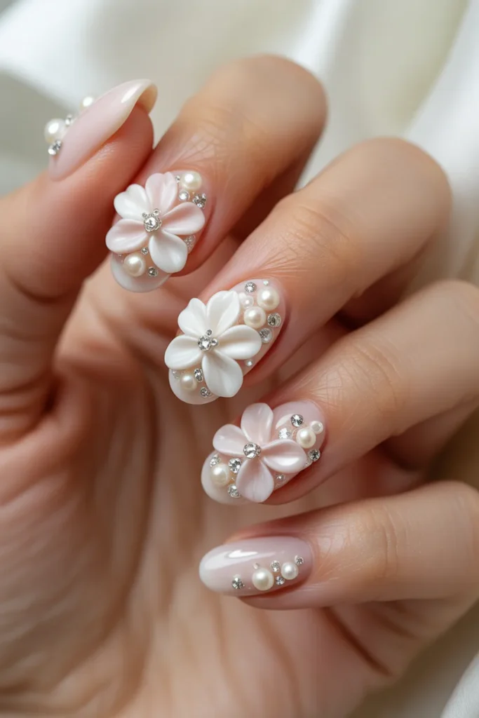 Elegant bridal nails with white and pink 3D flowers
