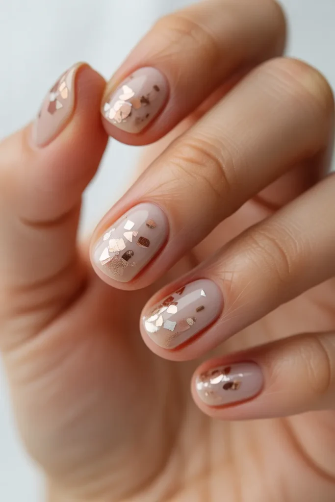 Extremely small confetti particles on a neutral base nails