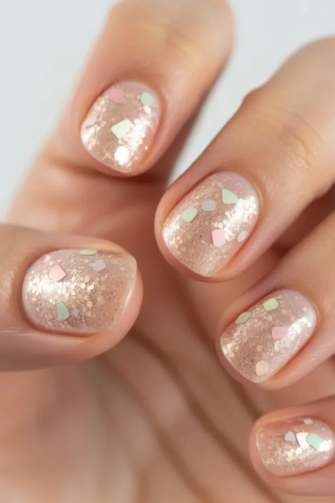 Fine glitter dust nails with light confetti pieces
