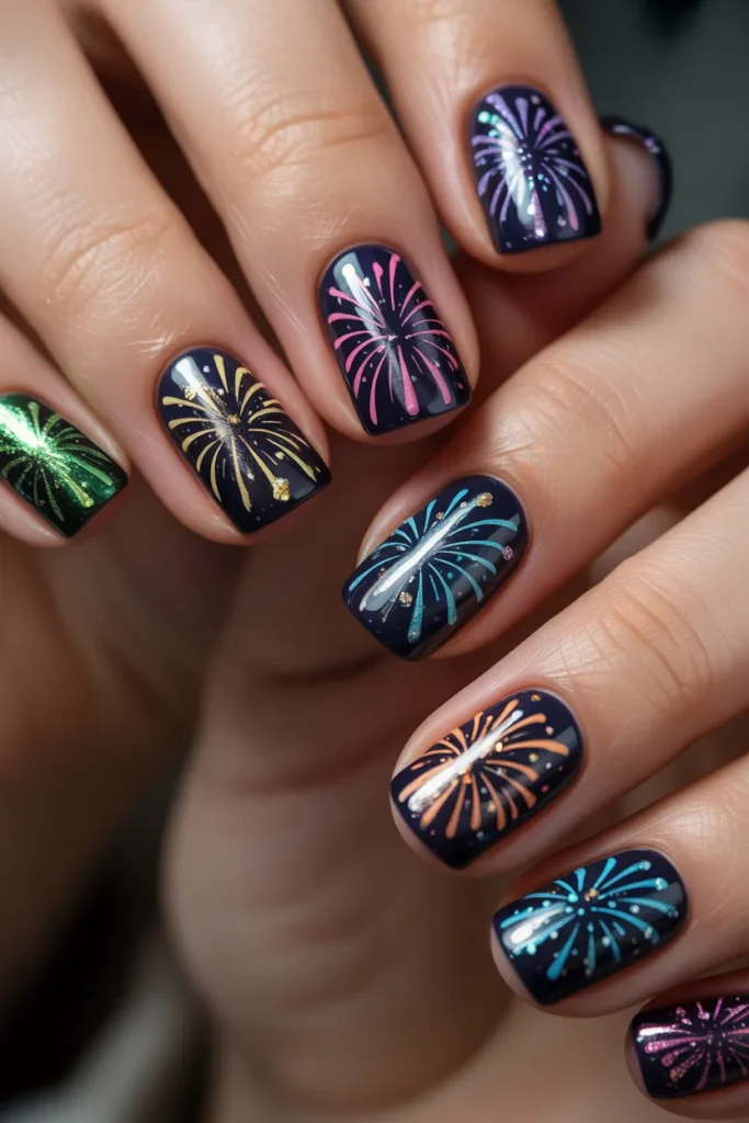 Firework nail art, colorful bursts, dark base nails