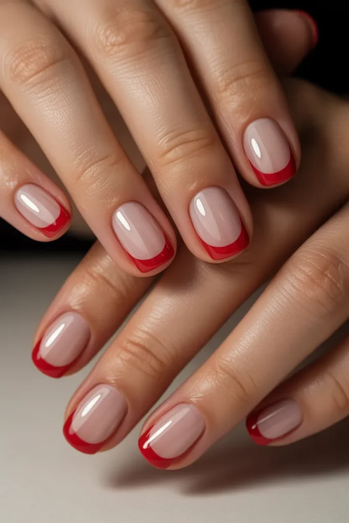 French manicure red tips glossy festive nails