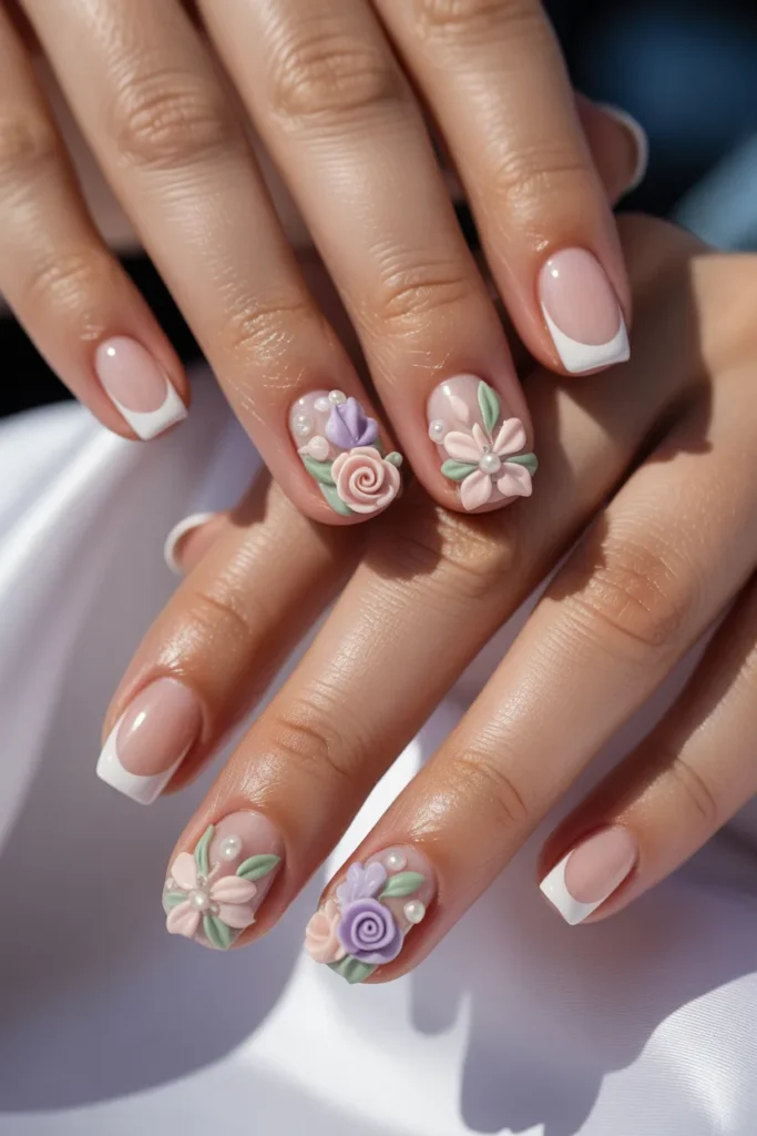 French manicure with 3D floral designs on tips