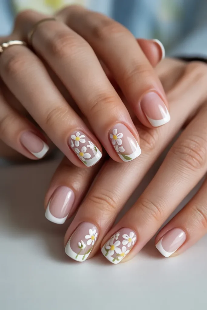 French manicure with white flower art