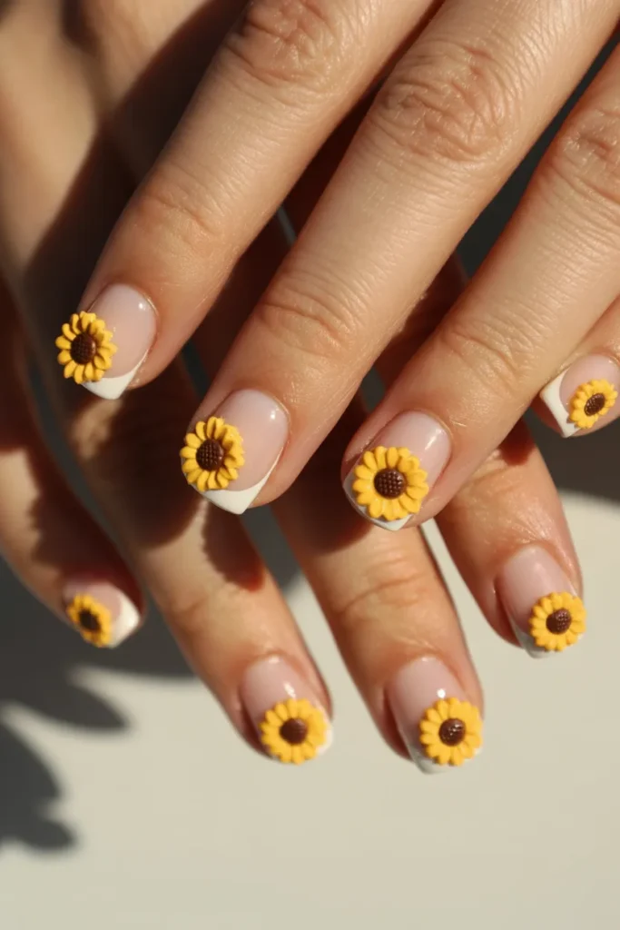 French tip nails with 3D sunflower designs on tips