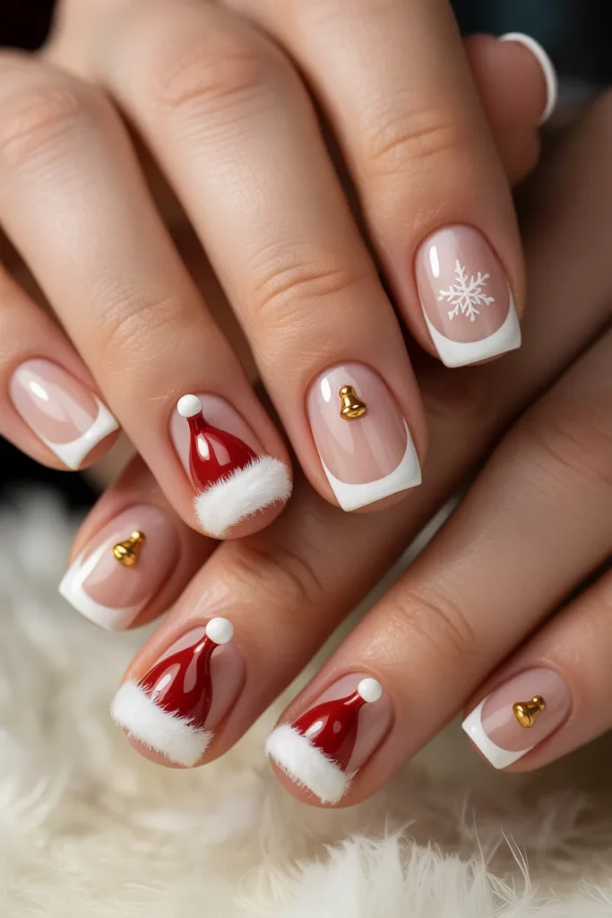 French tip nails with Santa hat design, red white details