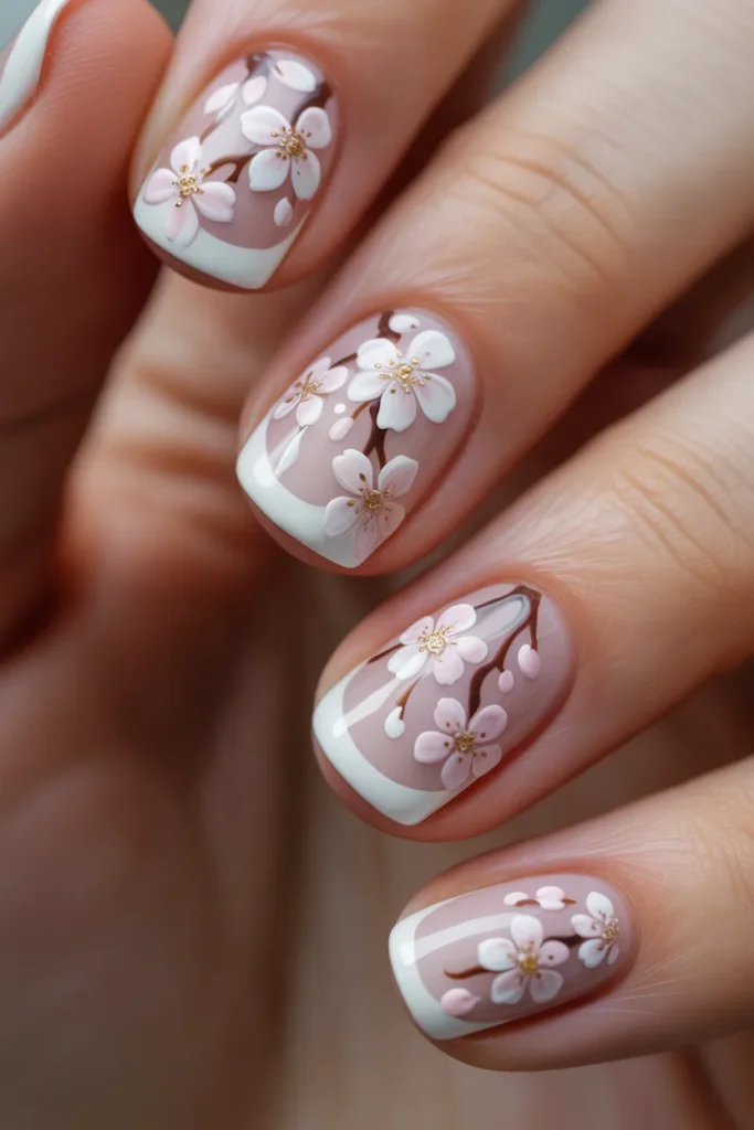 French tip nails with cherry blossom art, soft pink and white tones