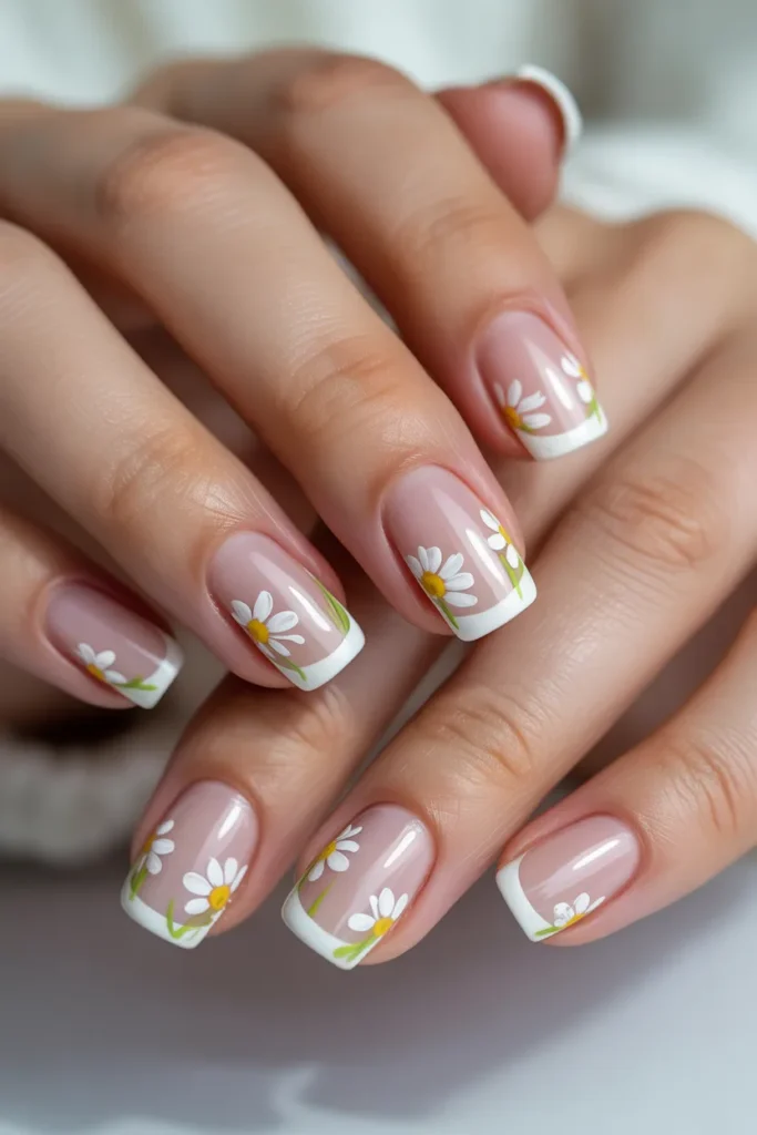  French tip nails with daisies
