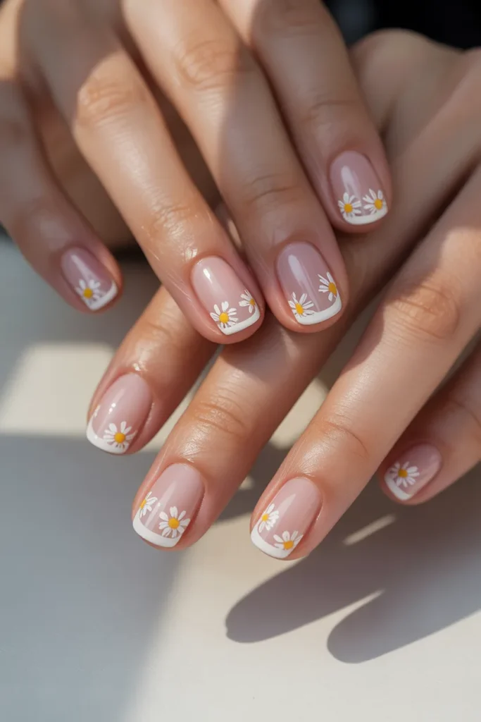 French tip nails with tiny daisy flowers along the tips