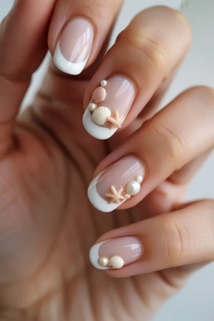 French tips decorated with tiny shell accents