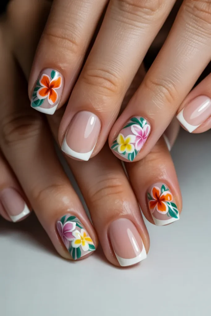 French tips nails with tropical flower accents