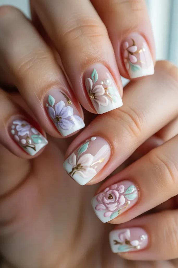  French tips with floral designs on tips