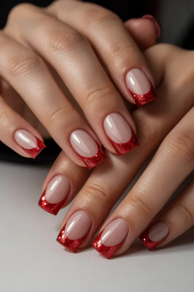 French tips with glitter red edges