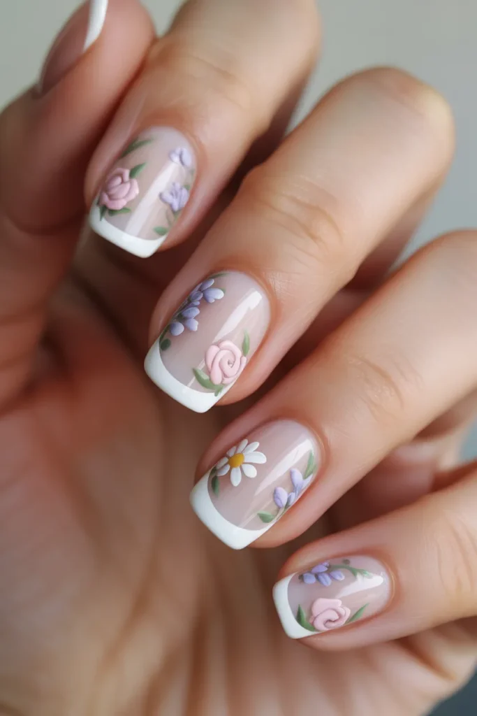 French tips with tiny floral details