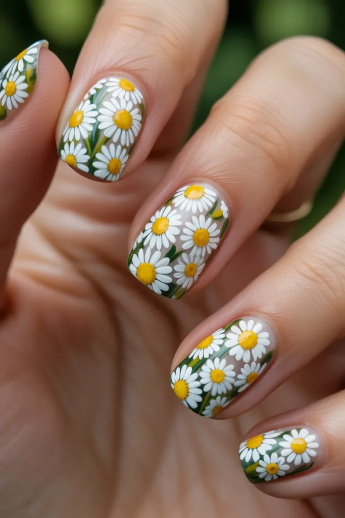 Full nail covered with multiple daisy flowers, garden-inspired aesthetic