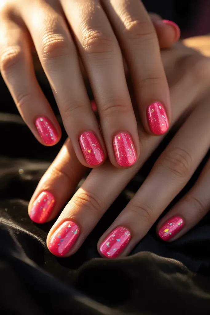 Full neon pink glitter nails sparkling in light