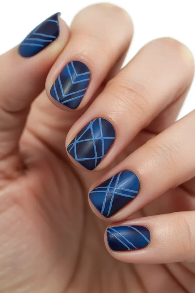 Geometric dark blue nail art
