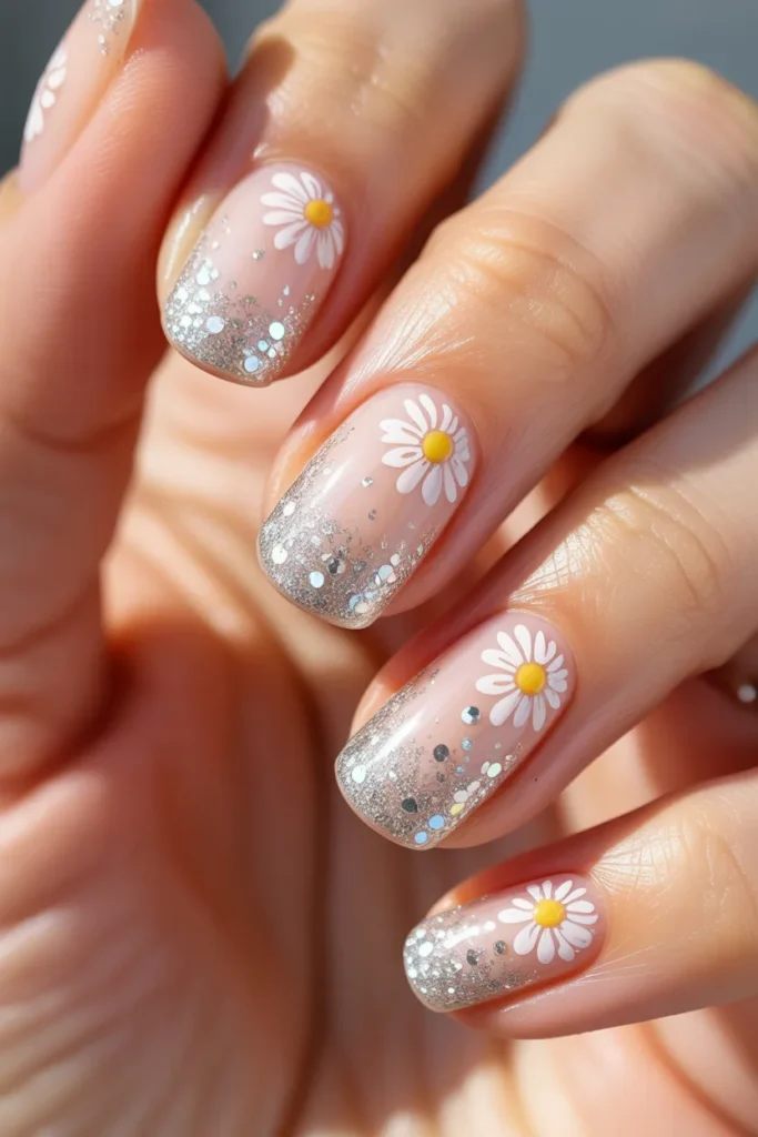 Glitter French tips with daisy accents, sparkly and feminine design