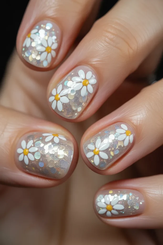 Glitter base nails with daisy flower designs