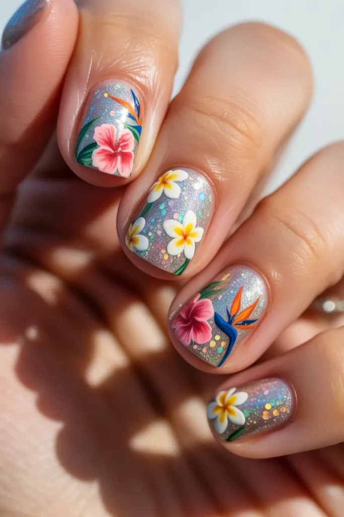 Glitter base nails with tropical flowers overlay