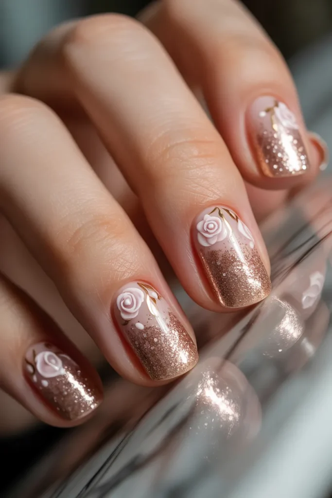 Glitter ombre nails with floral accents