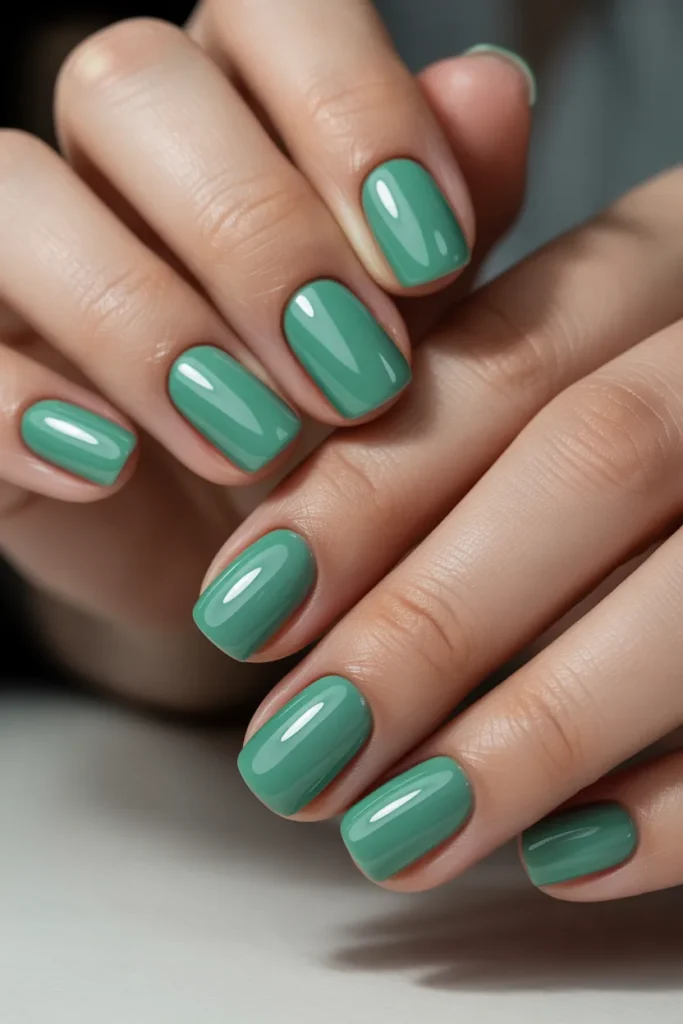 Glossy mint green short square nails