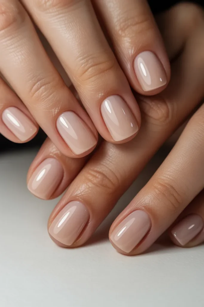 Glossy nude short square nails close-up