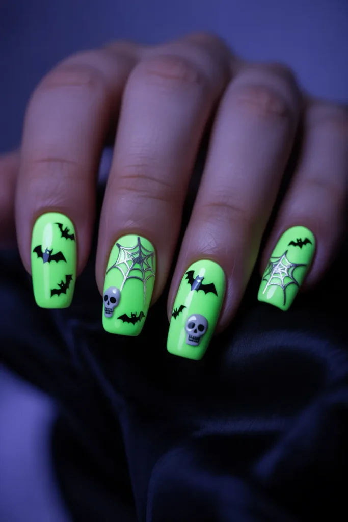 Glow in the dark nails, neon green polish