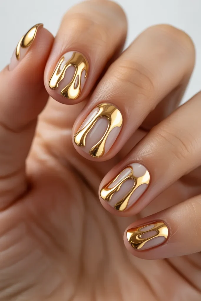 Gold drip nails, glossy finish