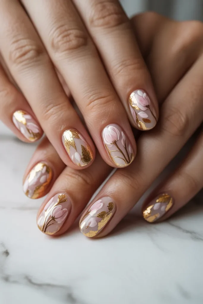 Gold foil nails accents with floral art