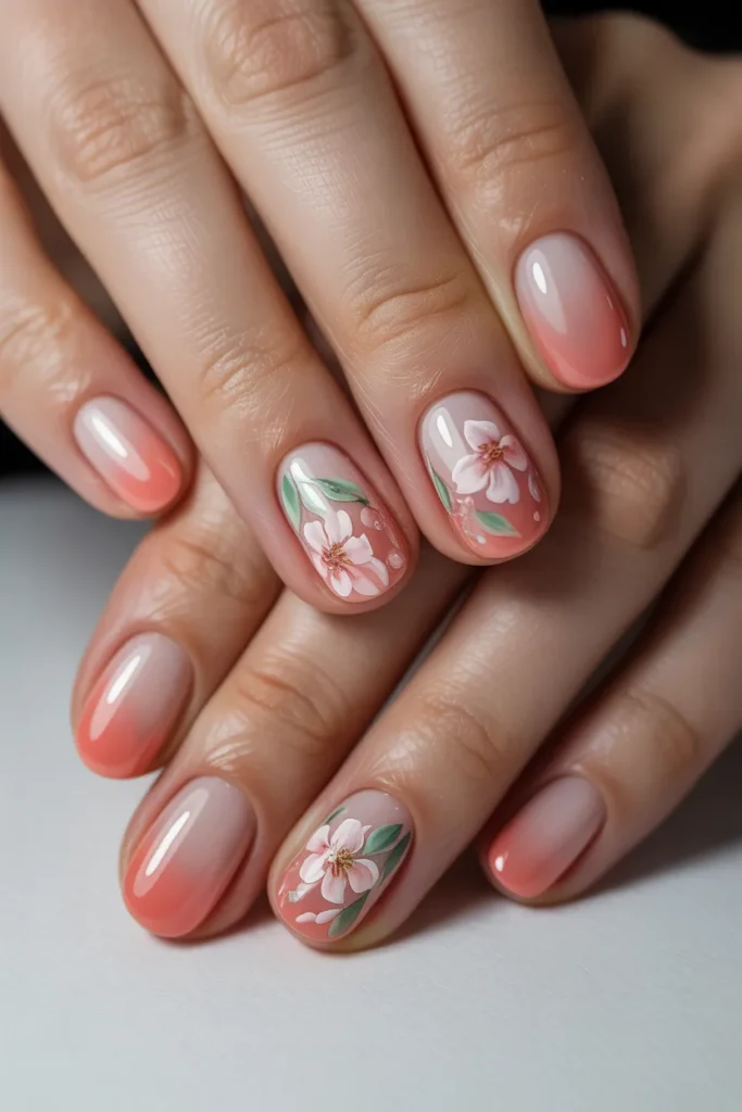 Gradient colors nails with subtle floral art