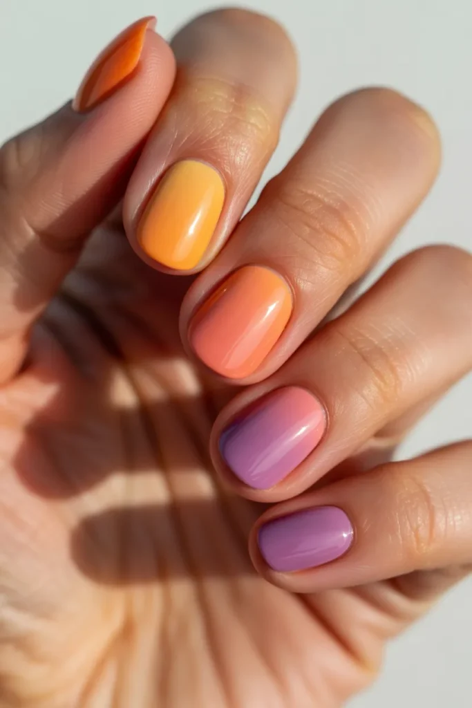 Gradient nails blending orange, pink, and purple like a beach sunset