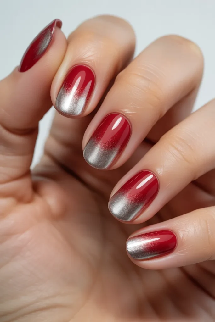 Gradient nails blending red into silver