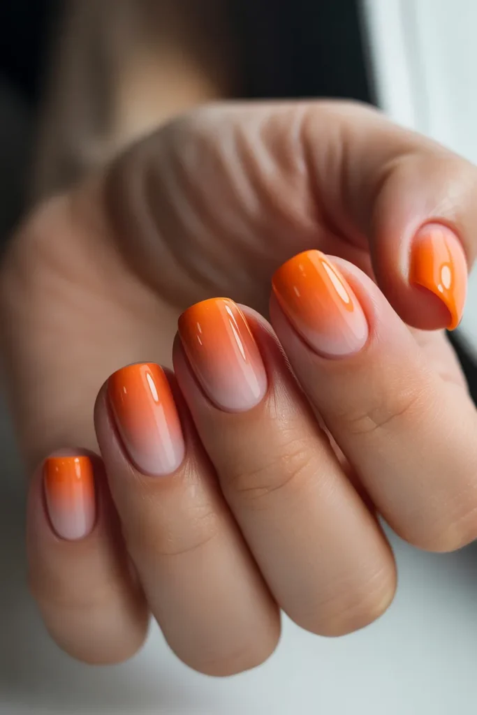 Gradient nails fading from light peach to deep orange