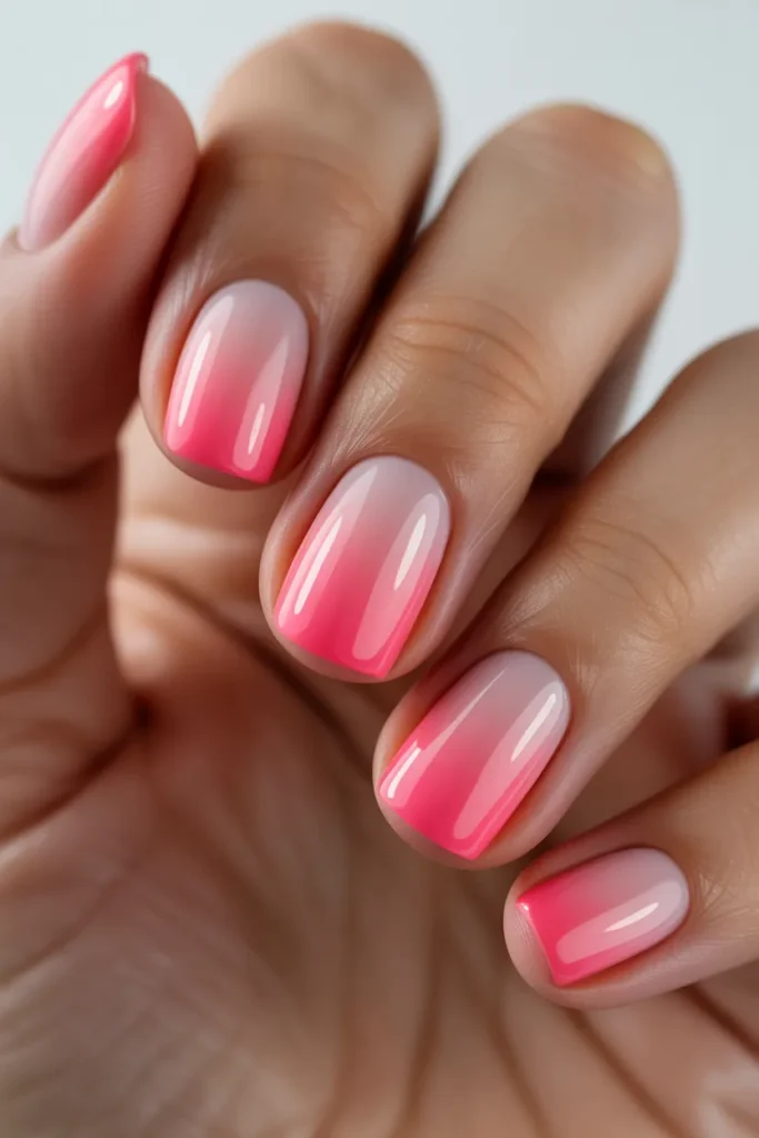 Gradient nails fading from soft pink to neon pink with glossy finish