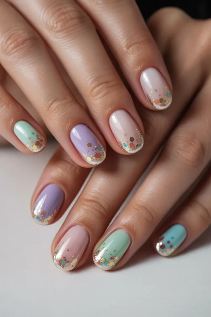 Gradient nails fading into confetti at the tips