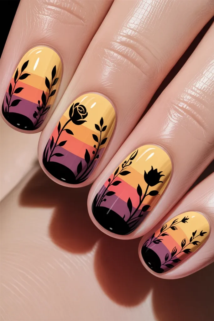 Gradient sunset background with black floral silhouettes