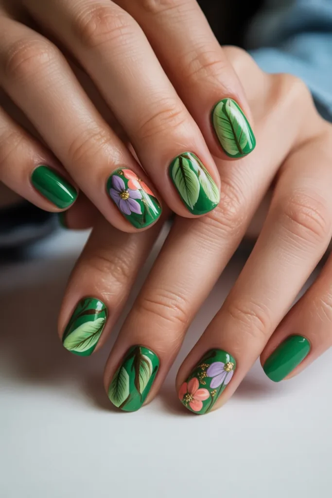 Green leaves nails with colorful flowers