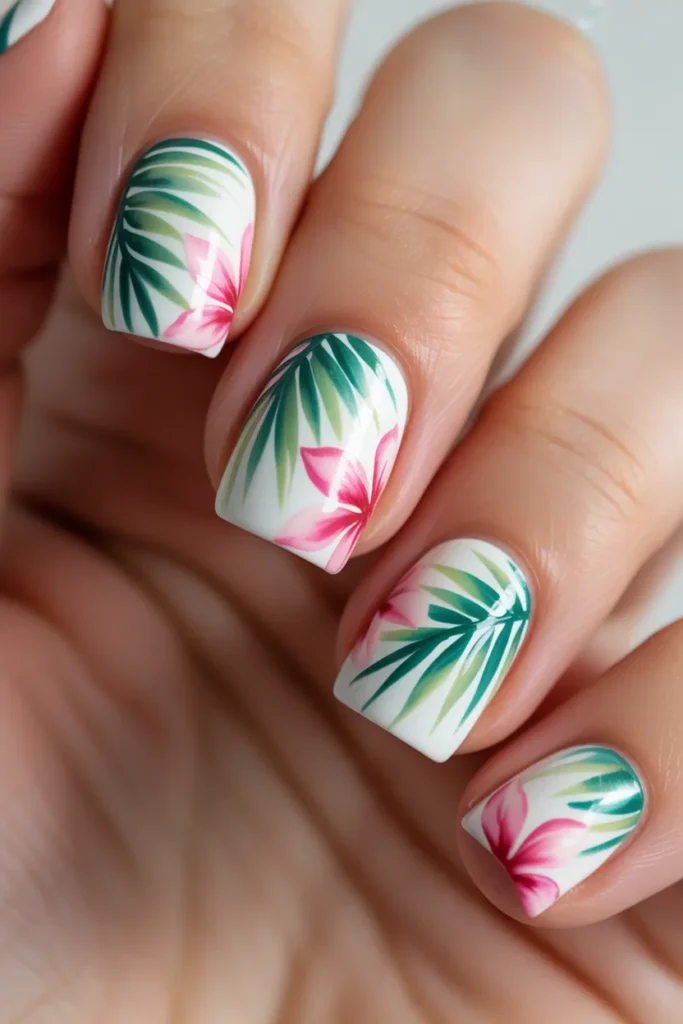 Green palm leaves with pink flowers on white nails