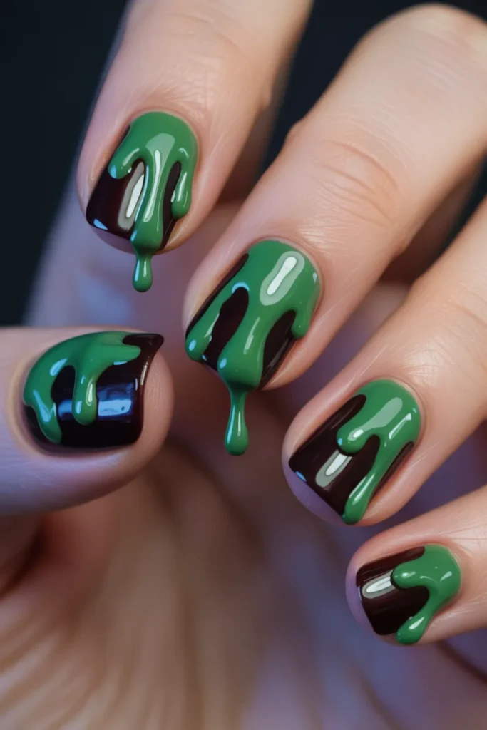 Green slime nail art, dripping effect, glossy nails