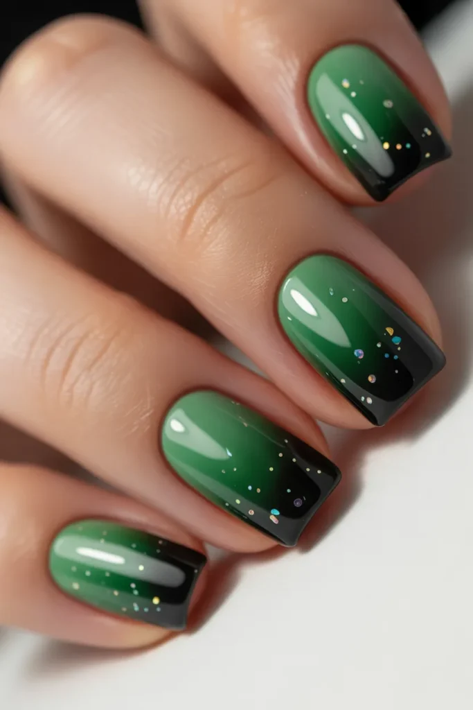 Green to black ombré nails with subtle sparkle