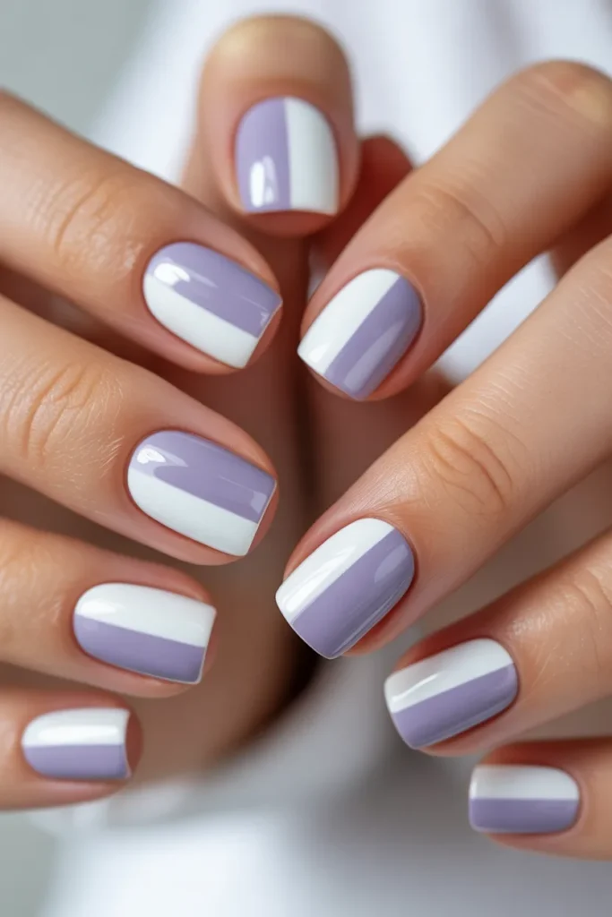 Half white, half lavender nails, clean split design