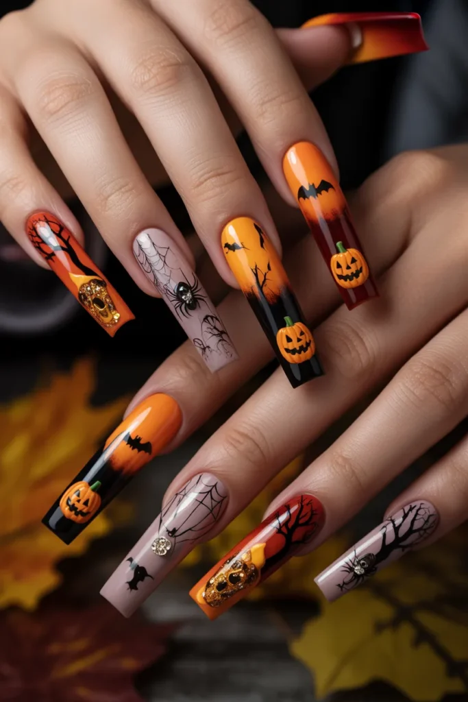 Halloween scene nail art, detailed spooky designs, long nails
