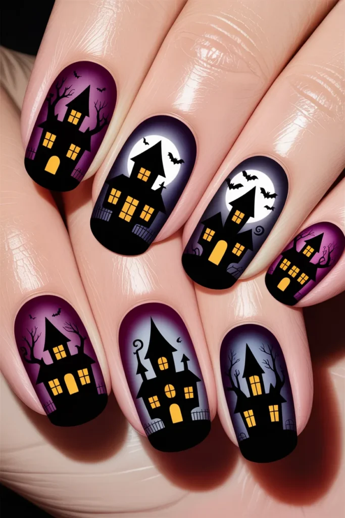 Haunted house nail art, dark nails