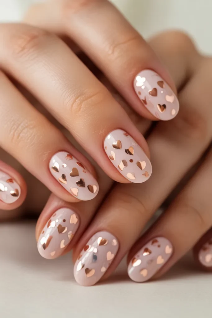 Heart-shaped nails confetti pieces on a soft pink base