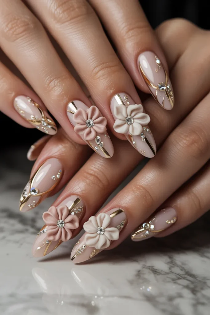 High-end nail design with gold, crystals